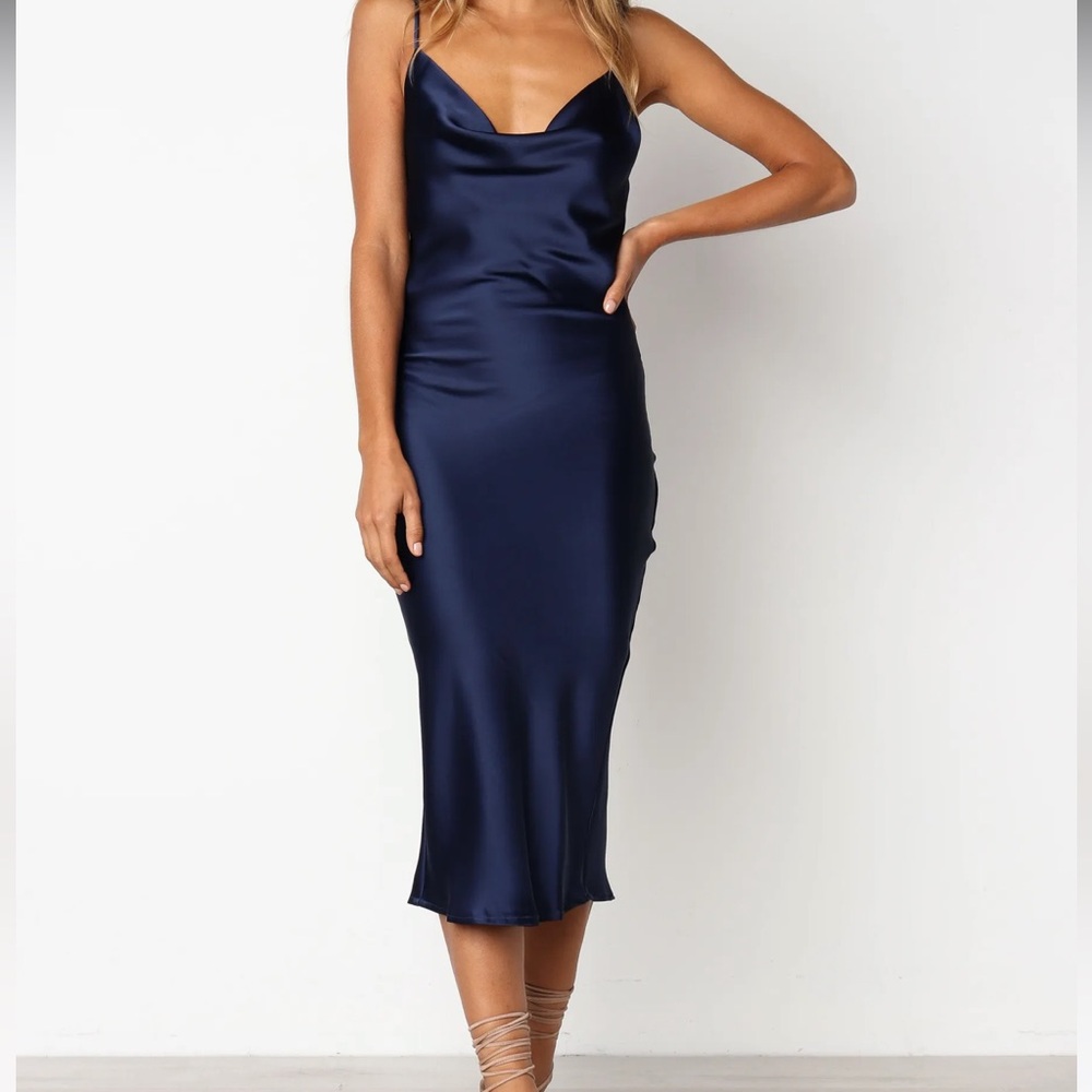 Slide Show Navy Satin Midi Dress